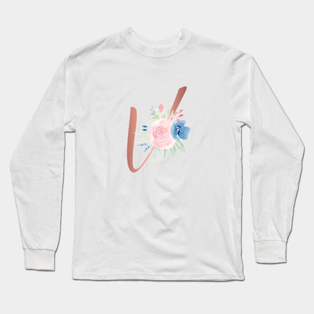 Letter V Rose Gold and Watercolor Blush Pink and Navy Long Sleeve T-Shirt by Harpleydesign